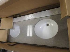 lot 289 image: MARCRAFT Vista 61 in. W x 22 in. D Quartz Double Oval Basin Vanity Top in Diamante with White Basin (NEW IN BOX)