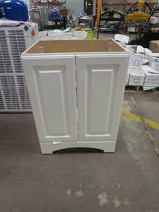 lot 292 image: GLACIER BAY 24.50 in. W Bath Vanity in White (SMALL CHIP ON BOTTOM CORNER, NO TOP, VANITY CABINET ONLY)