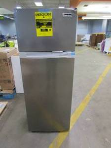 lot 296 image: MAGIC CHEF 7.3 cu. ft. 2-Door Mini Fridge in Platinum Steel with Freezer (BRAND NEW, TOP CORNER OF FREEZER DOOR DENTED IN, SEE PHOTOS)