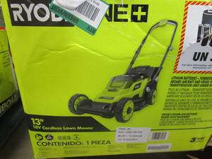 lot 302 image: RYOBI ONE 18V 13 in. Cordless Battery Walk Behind Push Lawn Mower with 4.0 Ah Battery and Charger (MISSING BOLTS FOR HANDLE)
