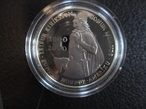 2. 2000 P Leif Ericson Proof Commemorative 90% Silver 1000 Kronur Iceland