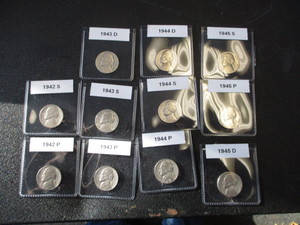 18. Complete set of WWII Jefferson Silver Nickels - 1942-P,S 1943-P,D,S 1944-P,D,S 1945-P,D,S - Very Nice Condition