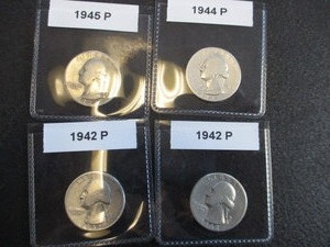 32. Lot of (4) Washington Silver Quarters - Possibly cleaned but not sure 1942-P (x2), 1944-P and 1945-P
