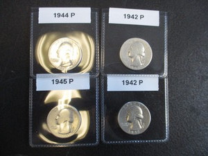 32. Lot of (4) Washington Silver Quarters - Possibly cleaned but not sure 1942-P (x2), 1944-P and 1945-P