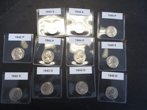 34. Complete set of WWII Jefferson Silver Nickels - 1942-P,S 1943-P,D,S 1944-P,D,S 1945-P,D,S - Avg Circulated Condition