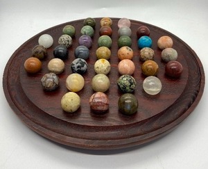 lot 17 image: Victorian Style Marble Solitaire Game - 37 Hole Board with 38 Mineral Stone Marbles