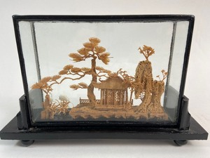 lot 317 image: Chinese Cork Diorama in Display Case w  Small Tea Cup and Saucer