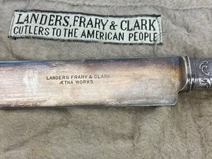 lot 233B image: Set of 12 Landers, Frary & Clark Knives with Sterling Ferrules &  Mother of Pearl Handles