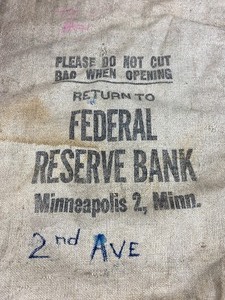 lot 77 image: 7 Vintage Bank Bags - Federal Reserve Minneapolis, Midland Bank and Franklin Bank