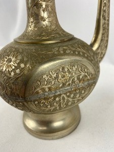 lot 76 image: Vintage Brass Ewer Aftaba  Pitcher, Intricately Etched Design & Lidded