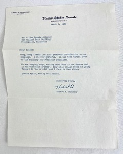 lot 110 image: Signed Letter From Senator Hubert Humphrey on Senate Letterhead (1960), Original Envelope, Humphrey For Pres. Flyer