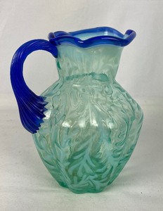 lot 132 image: Beautiful W.C. Fenton Art Glass Aqua Opalescent Fern Pitcher