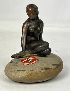 lot 116 image: Bronze Danish Little Mermaid Sitting on Stone and Vintage Child Figurine