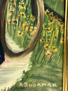lot 102 image: Vintage Original Signed and Framed Oil on Canvas Painting Boy with Hoop by Audrey Buckman