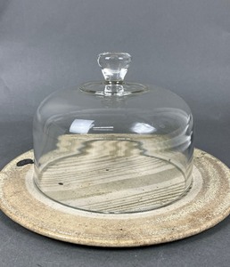 lot 166 image: Pottery Cheeseplate with Glass Cover, Chester Chapman Pottery Creamer & Sugar Bowl & Knife with Stag Horn Handle
