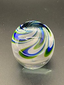 lot 208 image: Kosta Boda Art Glass - Small Vase & Blue Green Swirls Paperweight - Sweden