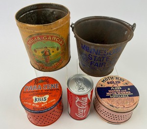 lot 249 image: Vintage Tins - Emilia Garcia, Moth Ray, Para Zene, MN State Fair & Coca Cola