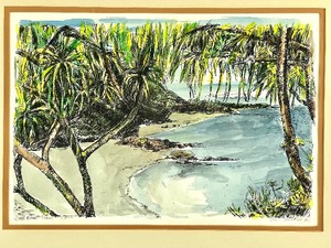 lot 163 image: Ales Sedlacek Lumahai Beach, Kauai - Original Signed Ink and Watercolor on Paper, Framed. 1983.