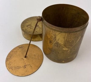 lot 279 image: Loose Tea or Tobacco Airtight Small Brass Cannister  with Lift Platform & Solid Brass Enameled Vase from India