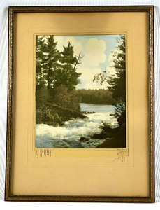 lot 212 image: 1936 Framed Handtinted Photo The Manitou by Louis Dworshak (Duluth) and Framed Vintage Waterfall Print