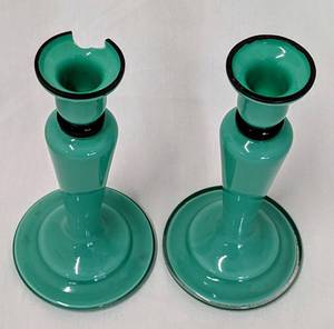 lot 242 image: Pair of Turquoise Czechoslovakia Glass Candle Stick Holders