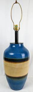 lot 28B image: Large Raymor 1960s Italian Blue, Cream & Copper Banded Glazed Ceramic Table Lamp