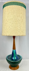 lot 1 image: Vintage Large Danish Modern Drip Glaze Ceramic and Teak Table Lamp