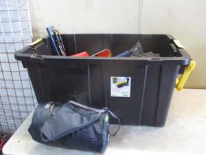 lot 107 image: Tote of outdoors, camping and tools