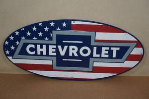 Tin Chevrolet Sign with American Flag - Embossed