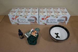 2 Cases of Beneful Wet Dog Food with Queasy Dietary Supplement, Food Dish, Leash