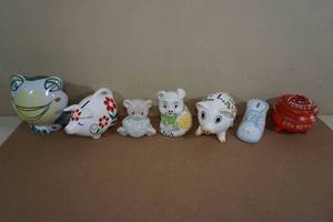 Assorted Coin Banks -Frog, Pigs, Kettle, Baby Shoe, Bear