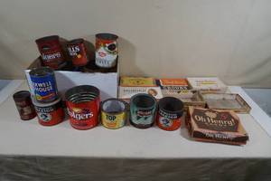 Assorted Old Coffee Cans and Tobacco and Candy Boxes