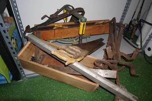 Assorted Tools - Hand Saws, Meter Box, Squares, Ladder Jacks