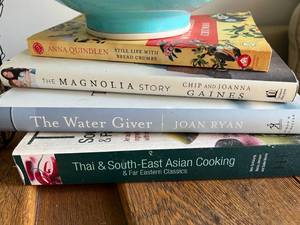 Metal Bin, Mixing Bowls, Books
