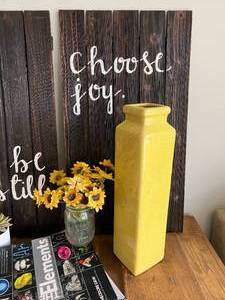 Decor  Wood Plaques, Books, Green Vase, Faux Succulent