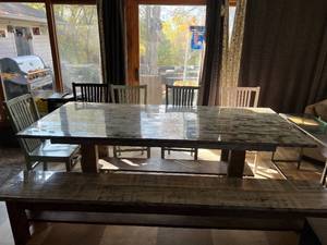 Large Distressed KitchenDining Table, Bench & Chairs
