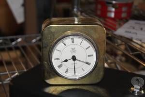 lot 545 image: International Silver Plated Co 4 Brass Plated Table Clock