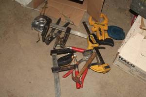 lot 869 image: Lot of (1 Box) Hand Tools - Tape Measure, Clamps, Rivet Gun, Hammer, Misc. Tools