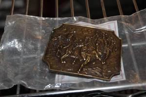 lot 730 image: Bergamot Brass Works Horse Belt Buckle Size l