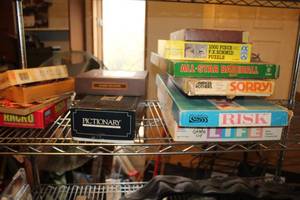 lot 830 image: Lot of (12) Board Games - Classic Solitaire, Scrabble, Life, Risk, Sorry, Pictionary and more