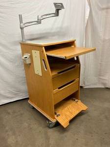 Mobile Standing Podium Desk 3 Drawer Computer Laptop Work Station With Ergotron Monitor Arm