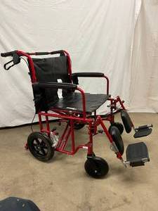 MSRP $500 Medline Heavy Duty 400lb Capacity Bariatric Folding Transport Chair, Extra Wide 23 Seat, Permanent Full-Length Arms, Elevating Legrests, Red Frame, Hand Brakes - Like New Condition No Cupholder