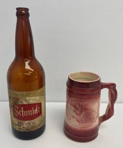 lot 3 image: 1950s Un-Marked McCoy Budweiser Pottery Mug And Vintage Schmidt Beer Bottle