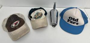 lot 4 image: Vintage Snapback Hats (Some Need Cleaning) And Vintage Stainless Steel And Glass Commercial Soap Dispenser