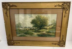 lot 12 image: Antique Framed Print Of Cows In Pasture Antique Frame Measures 36 x 26