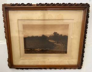 lot 13 image: Louis Kinney Harlow 1886 Etching Print With Plate Mark In Paper Showing Age It Is Framed Behind Glass Frame Is Antique And Measures 31 x 26 Frame Needs Work And Staining On Mat.