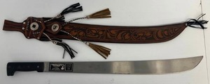 lot 16 image: Vintage Collins And Co. Machete In Decorative Leather Sheath  29 Long