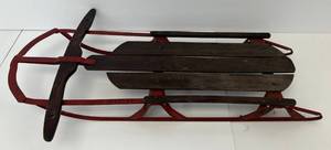 lot 41 image: Antique Childs Sled Wood With Metal Runners