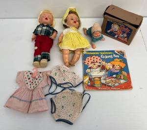 lot 43 image: Group Of Misc. Antique Dolls Including Windup Crawling Baby In Original Box And More