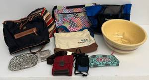 lot 57 image: Group Of Misc. Multi Colored Handbags And Multi Coloered Mixing Bowl (Has Cracks)